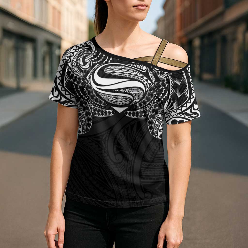Super Samoan Traditional Tribal Art Tattoos Cross Shoulder Shirt Black Color - Polynesian Pride