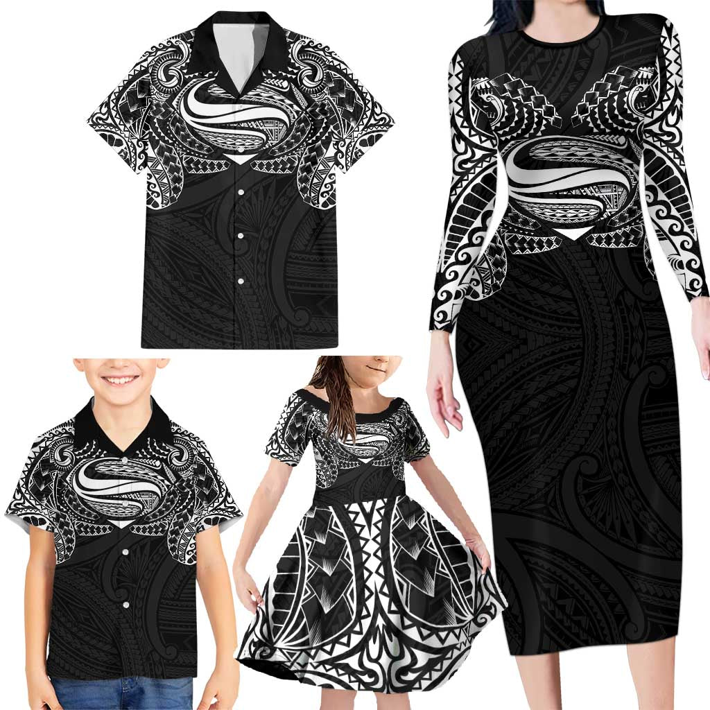Super Samoan Traditional Tribal Art Tattoos Family Matching Long Sleeve Bodycon Dress and Hawaiian Shirt Black Color - Polynesian Pride