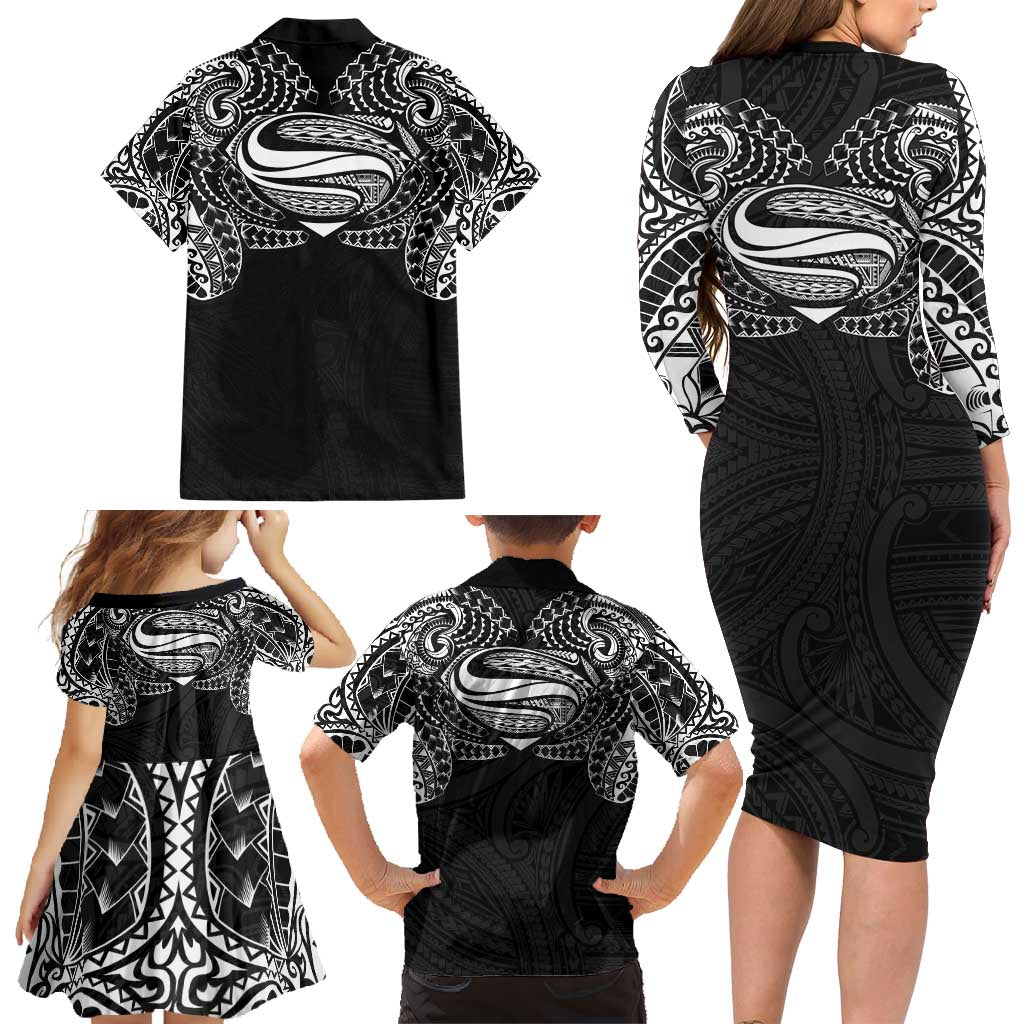 Super Samoan Traditional Tribal Art Tattoos Family Matching Long Sleeve Bodycon Dress and Hawaiian Shirt Black Color - Polynesian Pride