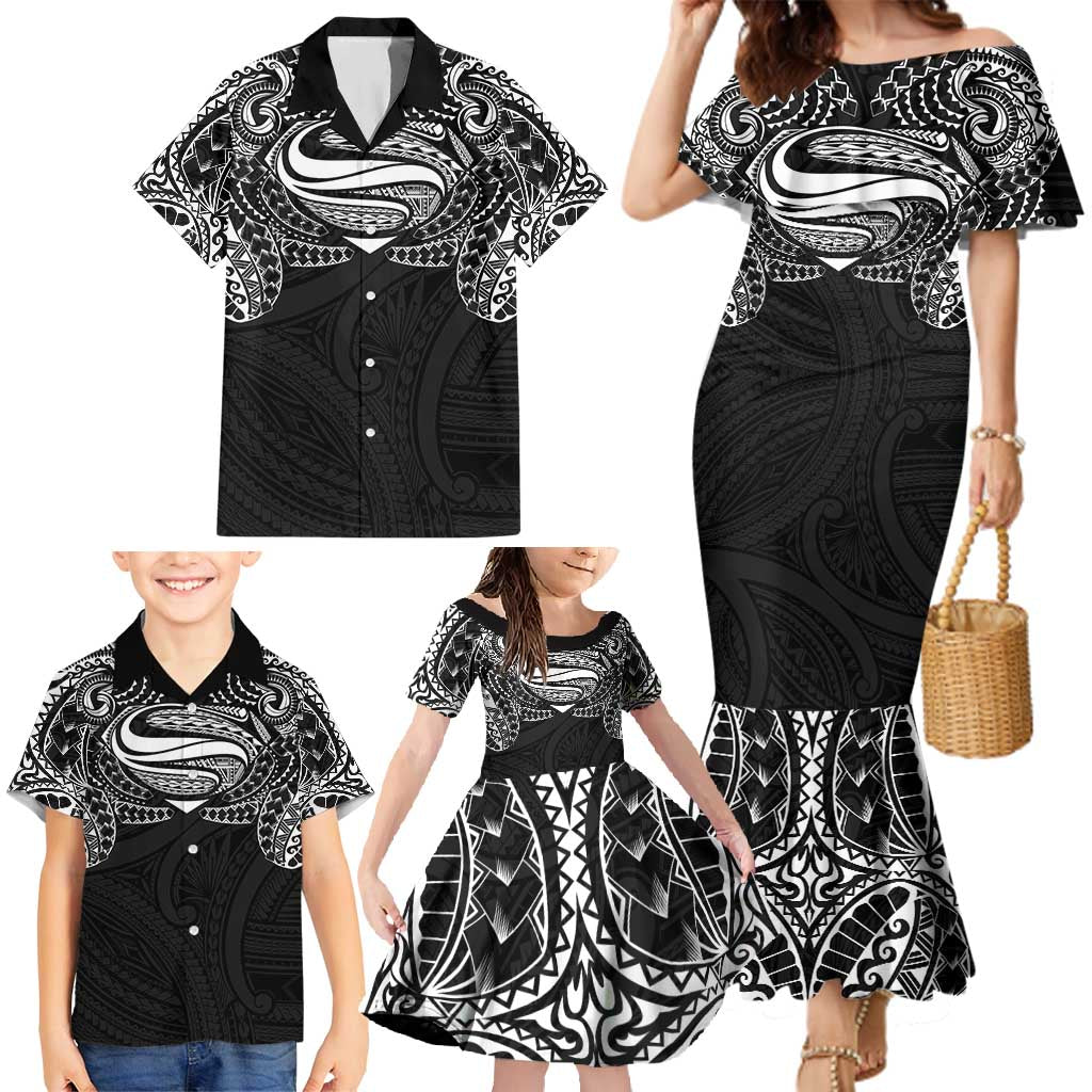 Super Samoan Traditional Tribal Art Tattoos Family Matching Mermaid Dress and Hawaiian Shirt Black Color - Polynesian Pride