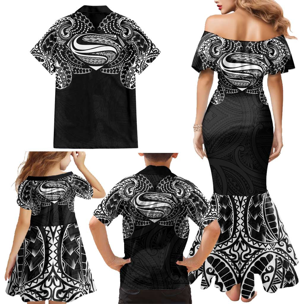 Super Samoan Traditional Tribal Art Tattoos Family Matching Mermaid Dress and Hawaiian Shirt Black Color - Polynesian Pride