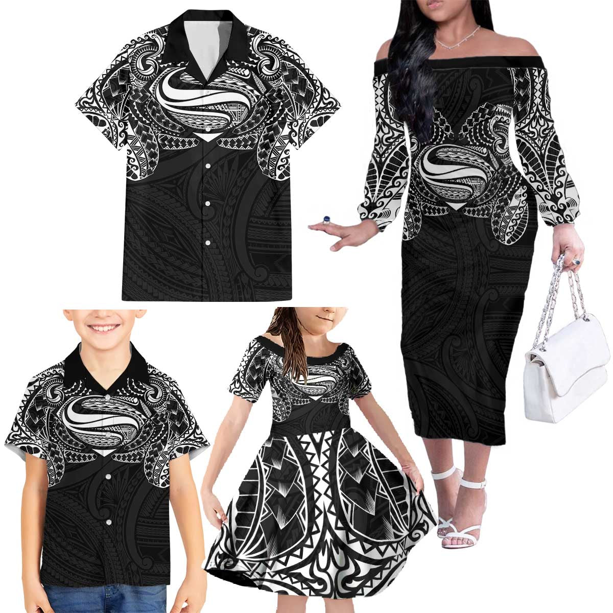 Super Samoan Traditional Tribal Art Tattoos Family Matching Off The Shoulder Long Sleeve Dress and Hawaiian Shirt Black Color - Polynesian Pride