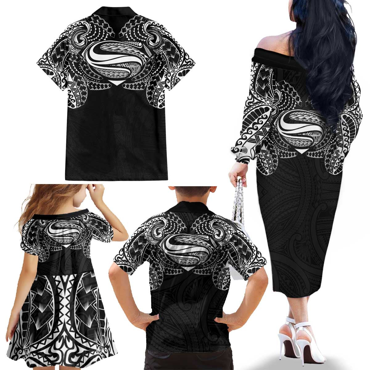 Super Samoan Traditional Tribal Art Tattoos Family Matching Off The Shoulder Long Sleeve Dress and Hawaiian Shirt Black Color - Polynesian Pride