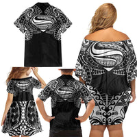 Super Samoan Traditional Tribal Art Tattoos Family Matching Off Shoulder Short Dress and Hawaiian Shirt Black Color - Polynesian Pride