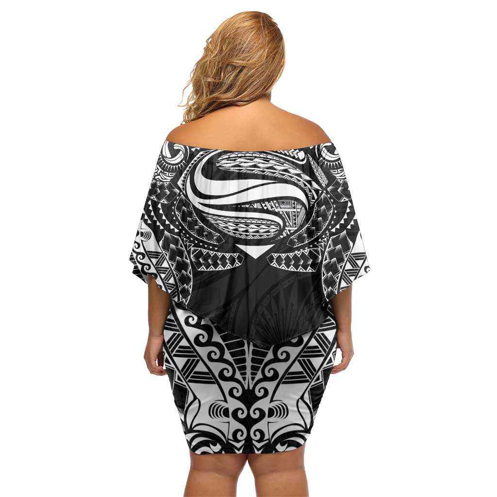 Super Samoan Traditional Tribal Art Tattoos Family Matching Off Shoulder Short Dress and Hawaiian Shirt Black Color - Polynesian Pride