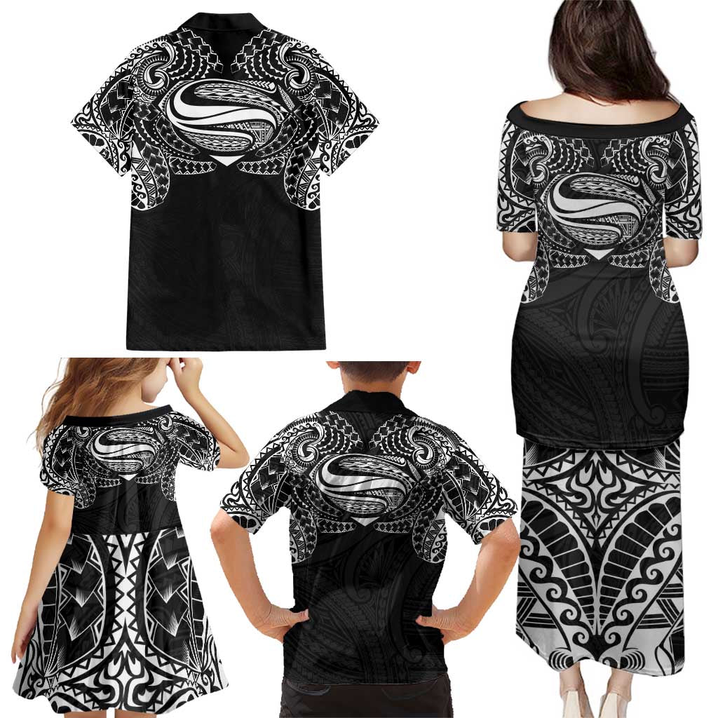 Super Samoan Traditional Tribal Art Tattoos Family Matching Puletasi and Hawaiian Shirt Black Color - Polynesian Pride