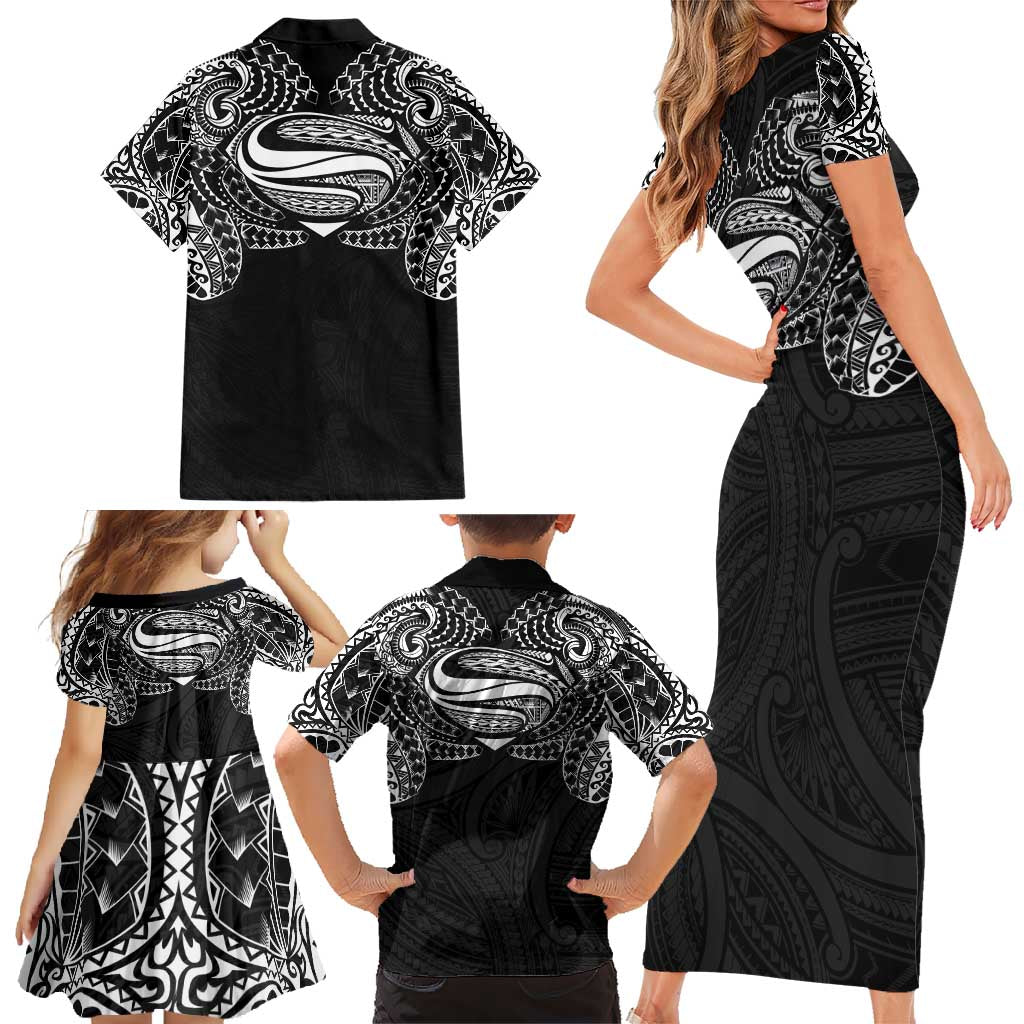 Super Samoan Traditional Tribal Art Tattoos Family Matching Short Sleeve Bodycon Dress and Hawaiian Shirt Black Color - Polynesian Pride