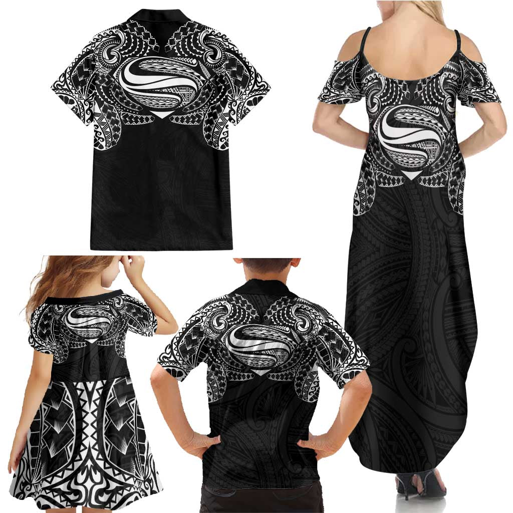 Super Samoan Traditional Tribal Art Tattoos Family Matching Summer Maxi Dress and Hawaiian Shirt Black Color - Polynesian Pride