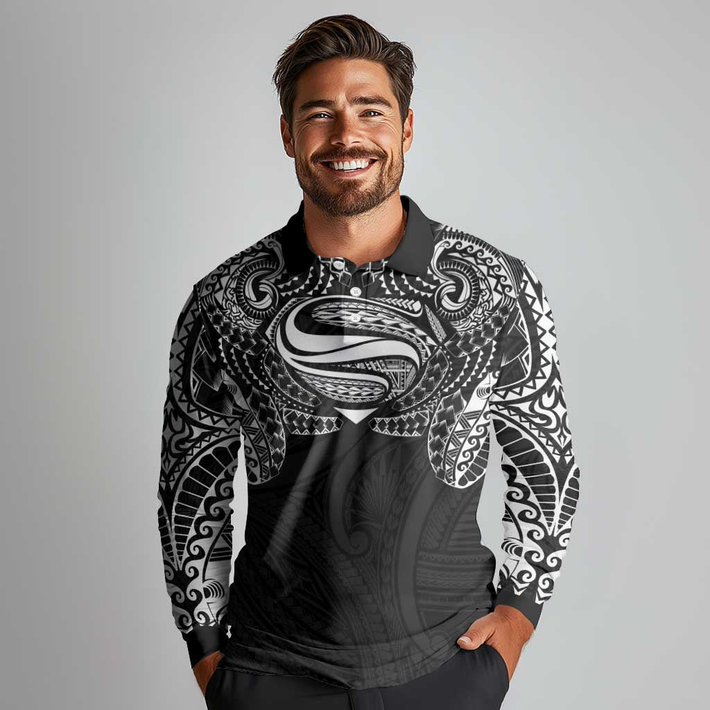 Super Samoan Traditional Tribal Art Tattoos Long Sleeve Polo Shirt Black Color - Polynesian Pride