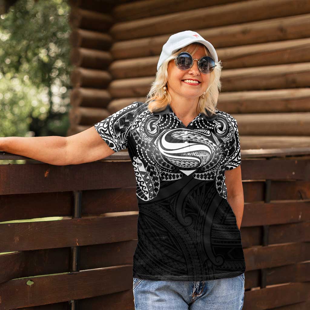 Super Samoan Traditional Tribal Art Tattoos Women Polo Shirt Black Color - Polynesian Pride