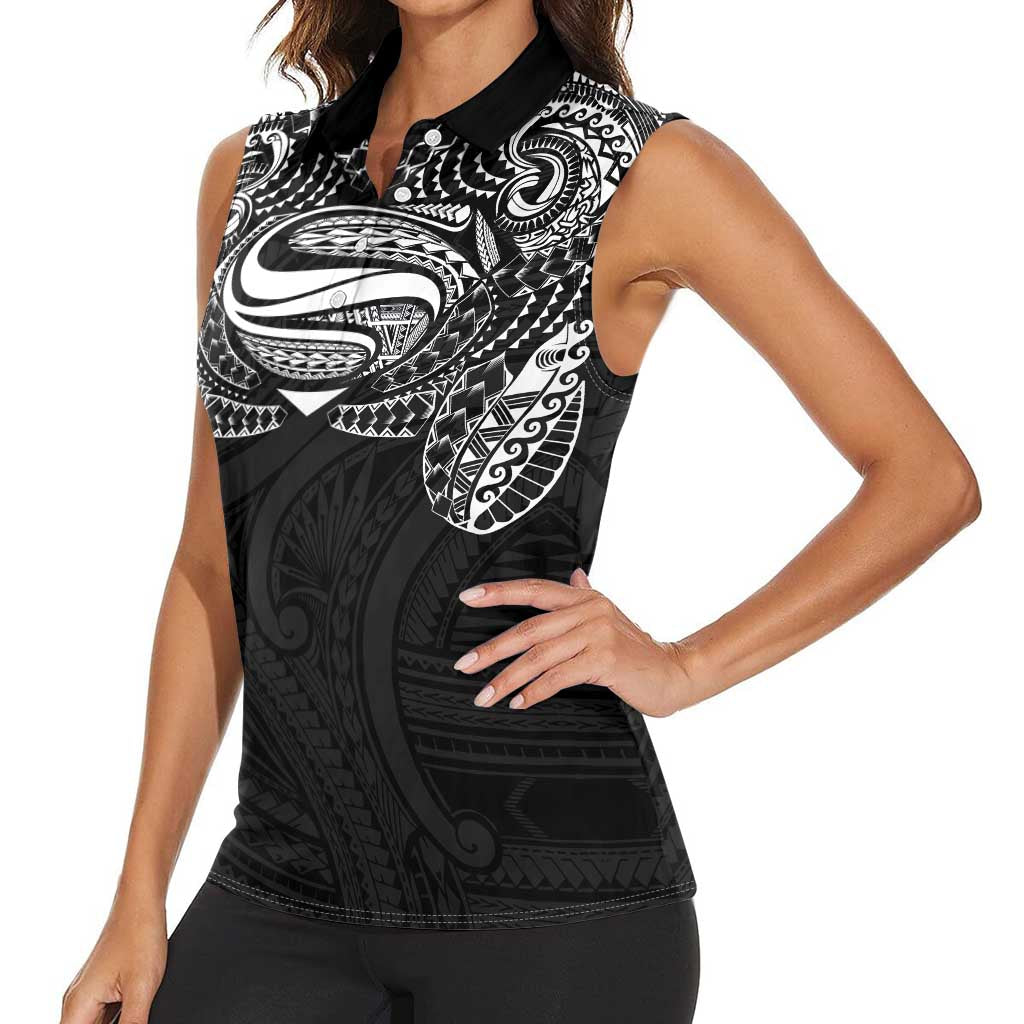Super Samoan Traditional Tribal Art Tattoos Women Sleeveless Polo Shirt Black Color - Polynesian Pride