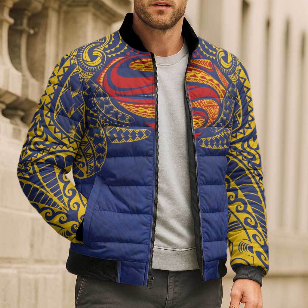 Super Samoan Traditional Tribal Art Tattoos Bomber Puffer Jacket Blue Color - Polynesian Pride