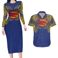 Super Samoan Traditional Tribal Art Tattoos Couples Matching Long Sleeve Bodycon Dress and Hawaiian Shirt Blue Color - Polynesian Pride