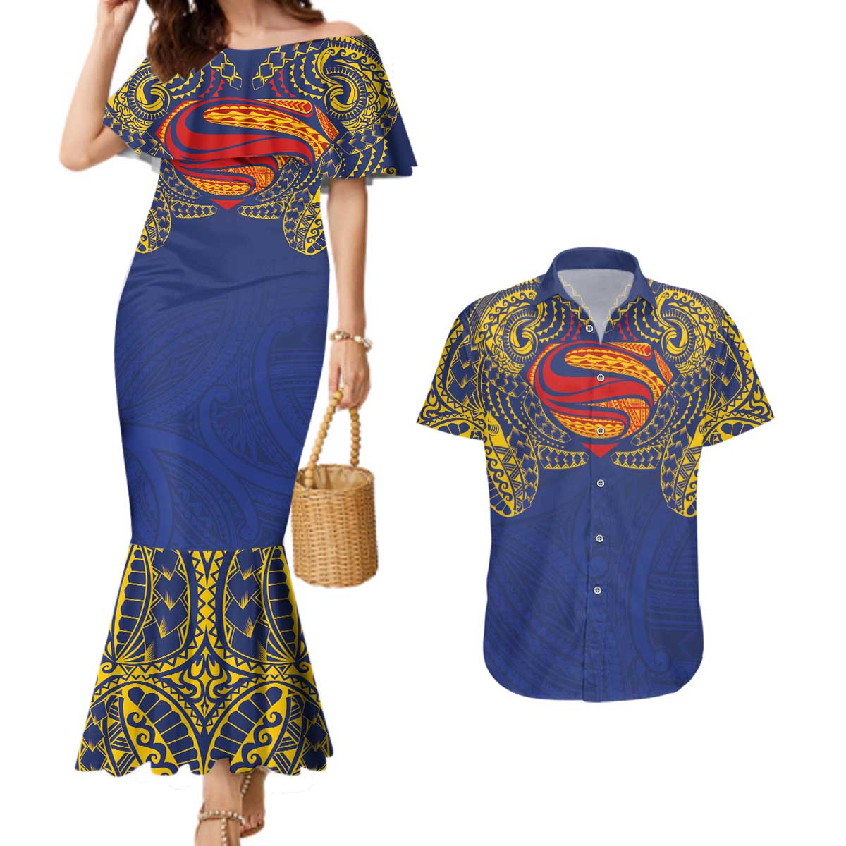 Super Samoan Traditional Tribal Art Tattoos Couples Matching Mermaid Dress and Hawaiian Shirt Blue Color - Polynesian Pride