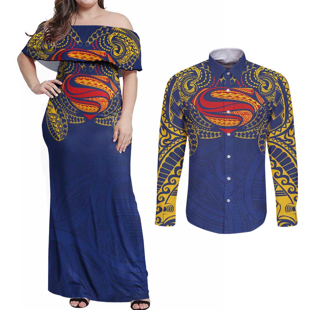 Super Samoan Traditional Tribal Art Tattoos Couples Matching Off Shoulder Maxi Dress and Long Sleeve Button Shirt Blue Color - Polynesian Pride