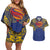 Super Samoan Traditional Tribal Art Tattoos Couples Matching Off Shoulder Short Dress and Hawaiian Shirt Blue Color - Polynesian Pride