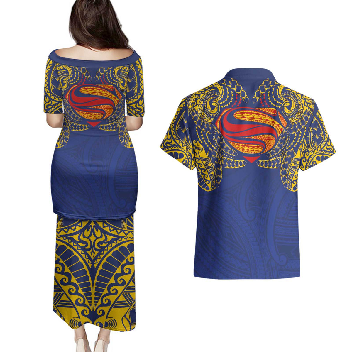 Super Samoan Traditional Tribal Art Tattoos Couples Matching Puletasi and Hawaiian Shirt Blue Color - Polynesian Pride