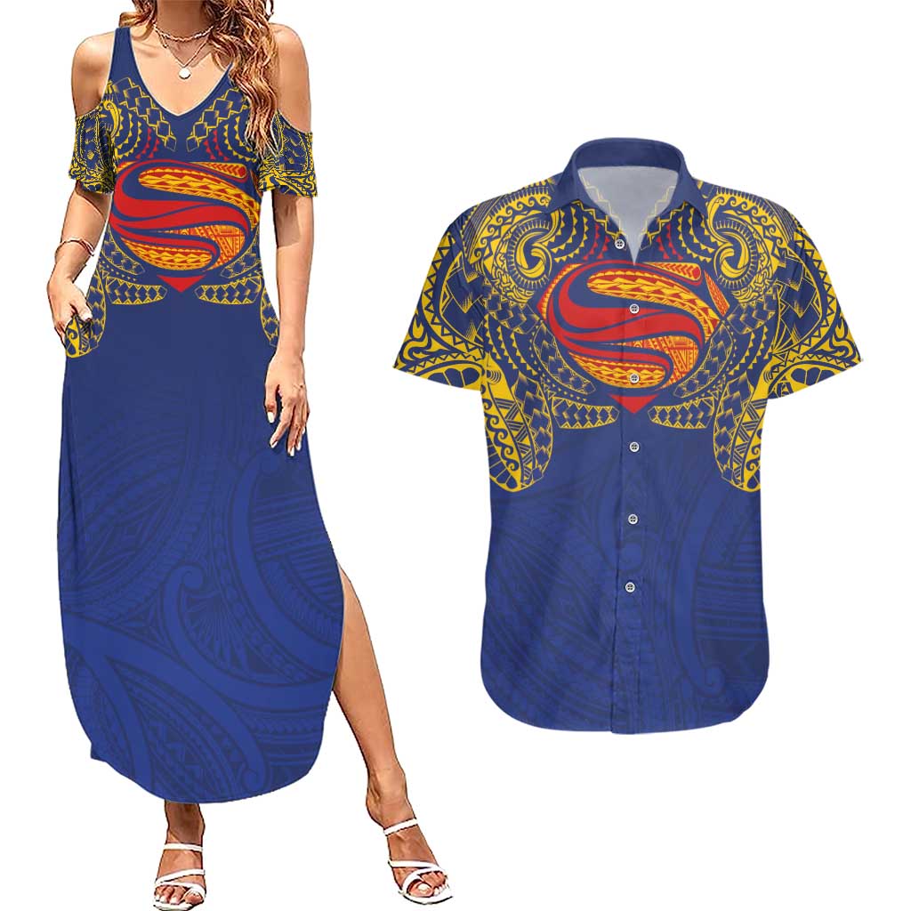 Super Samoan Traditional Tribal Art Tattoos Couples Matching Summer Maxi Dress and Hawaiian Shirt Blue Color - Polynesian Pride