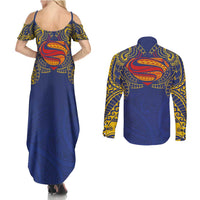 Super Samoan Traditional Tribal Art Tattoos Couples Matching Summer Maxi Dress and Long Sleeve Button Shirt Blue Color - Polynesian Pride