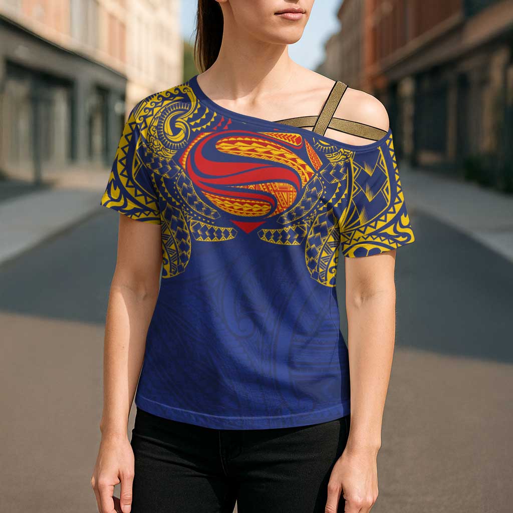 Super Samoan Traditional Tribal Art Tattoos Cross Shoulder Shirt Blue Color - Polynesian Pride
