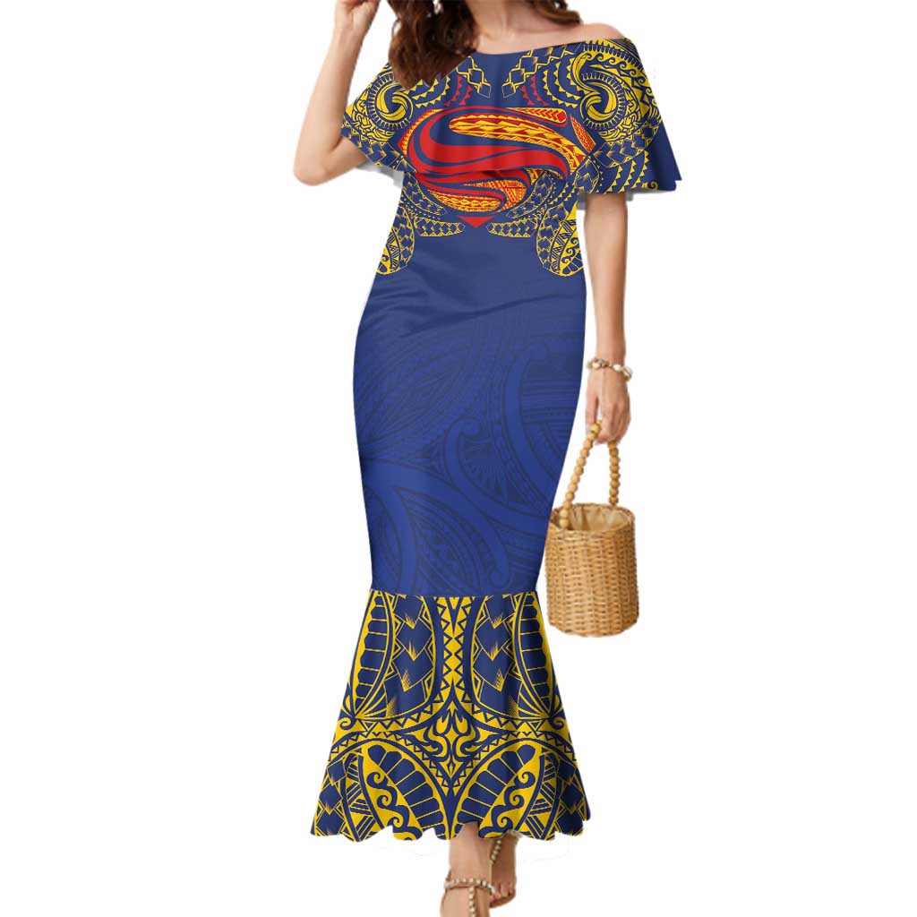 Super Samoan Traditional Tribal Art Tattoos Family Matching Mermaid Dress and Hawaiian Shirt Blue Color - Polynesian Pride