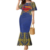 Super Samoan Traditional Tribal Art Tattoos Family Matching Mermaid Dress and Hawaiian Shirt Blue Color - Polynesian Pride