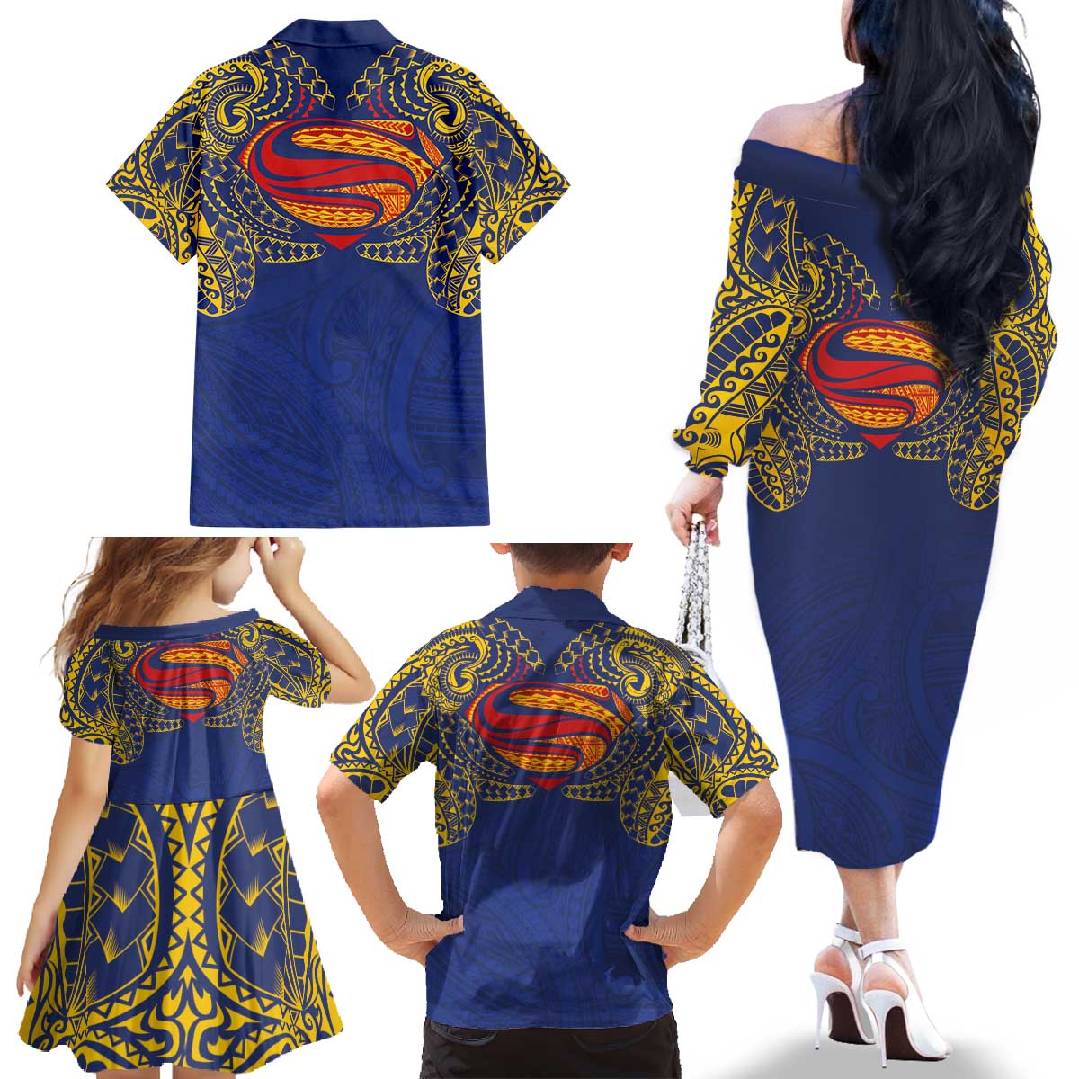 Super Samoan Traditional Tribal Art Tattoos Family Matching Off The Shoulder Long Sleeve Dress and Hawaiian Shirt Blue Color - Polynesian Pride