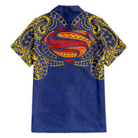 Super Samoan Traditional Tribal Art Tattoos Family Matching Off The Shoulder Long Sleeve Dress and Hawaiian Shirt Blue Color - Polynesian Pride
