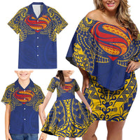 Super Samoan Traditional Tribal Art Tattoos Family Matching Off Shoulder Short Dress and Hawaiian Shirt Blue Color - Polynesian Pride