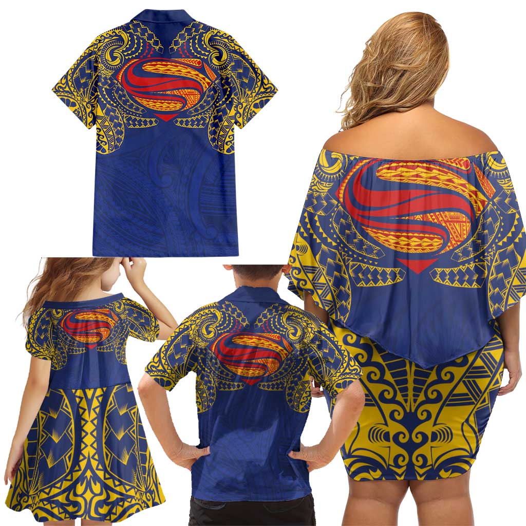 Super Samoan Traditional Tribal Art Tattoos Family Matching Off Shoulder Short Dress and Hawaiian Shirt Blue Color - Polynesian Pride