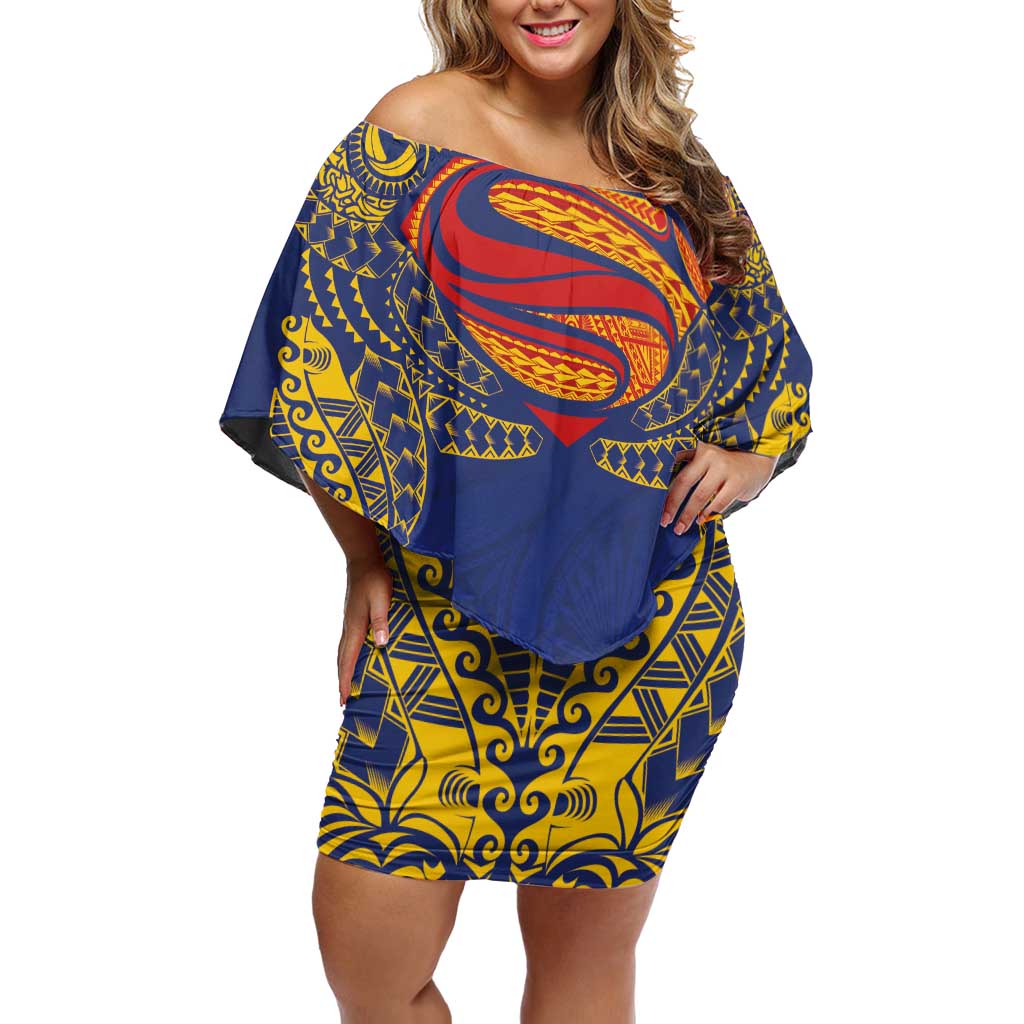 Super Samoan Traditional Tribal Art Tattoos Family Matching Off Shoulder Short Dress and Hawaiian Shirt Blue Color - Polynesian Pride