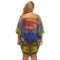 Super Samoan Traditional Tribal Art Tattoos Family Matching Off Shoulder Short Dress and Hawaiian Shirt Blue Color - Polynesian Pride
