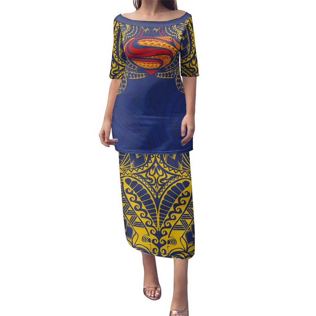 Super Samoan Traditional Tribal Art Tattoos Family Matching Puletasi and Hawaiian Shirt Blue Color - Polynesian Pride