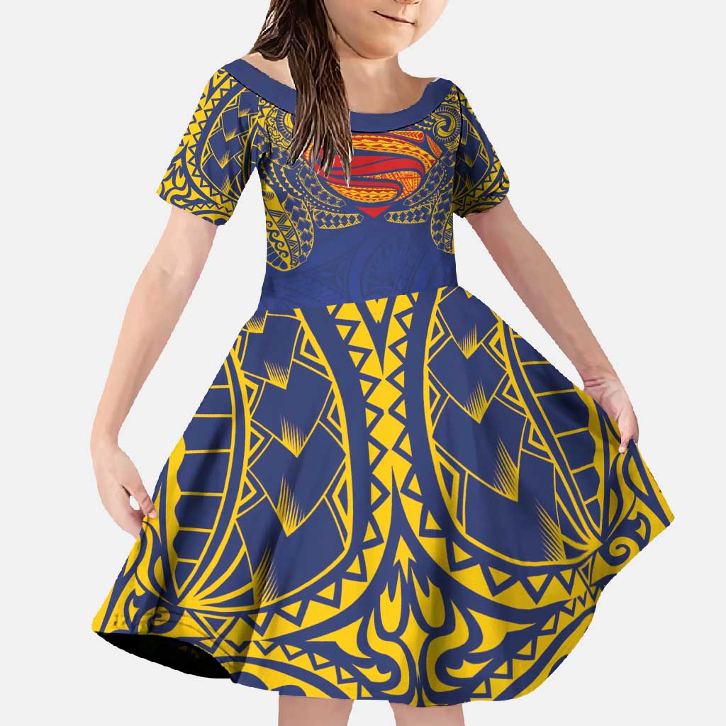 Super Samoan Traditional Tribal Art Tattoos Family Matching Short Sleeve Bodycon Dress and Hawaiian Shirt Blue Color - Polynesian Pride