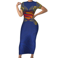 Super Samoan Traditional Tribal Art Tattoos Family Matching Short Sleeve Bodycon Dress and Hawaiian Shirt Blue Color - Polynesian Pride