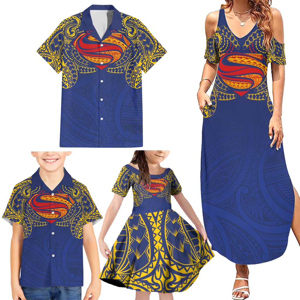 Super Samoan Traditional Tribal Art Tattoos Family Matching Summer Maxi Dress and Hawaiian Shirt Blue Color - Polynesian Pride
