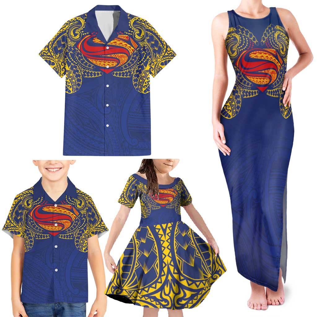 Super Samoan Traditional Tribal Art Tattoos Family Matching Tank Maxi Dress and Hawaiian Shirt Blue Color - Polynesian Pride