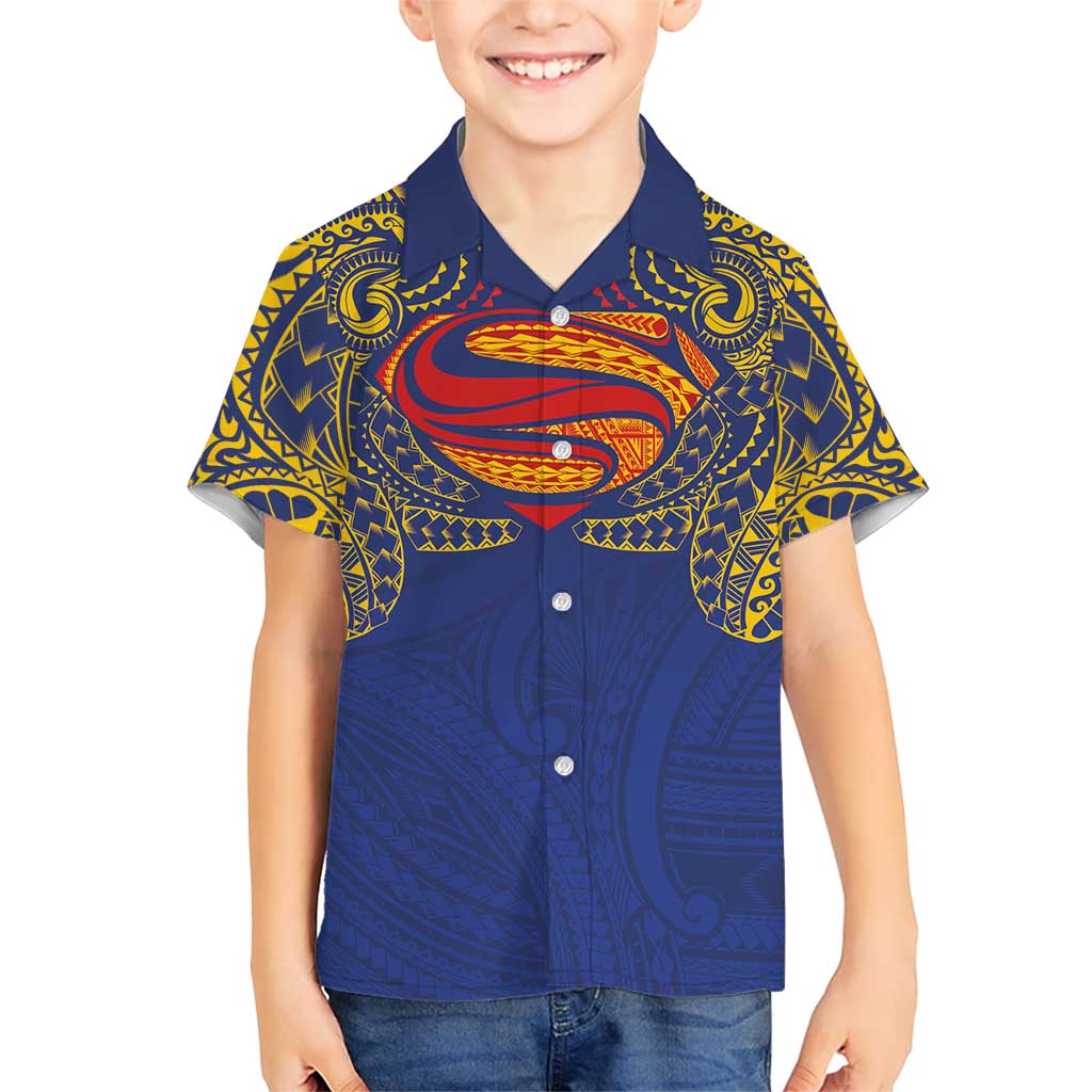 Super Samoan Traditional Tribal Art Tattoos Kid Hawaiian Shirt Blue Color - Polynesian Pride