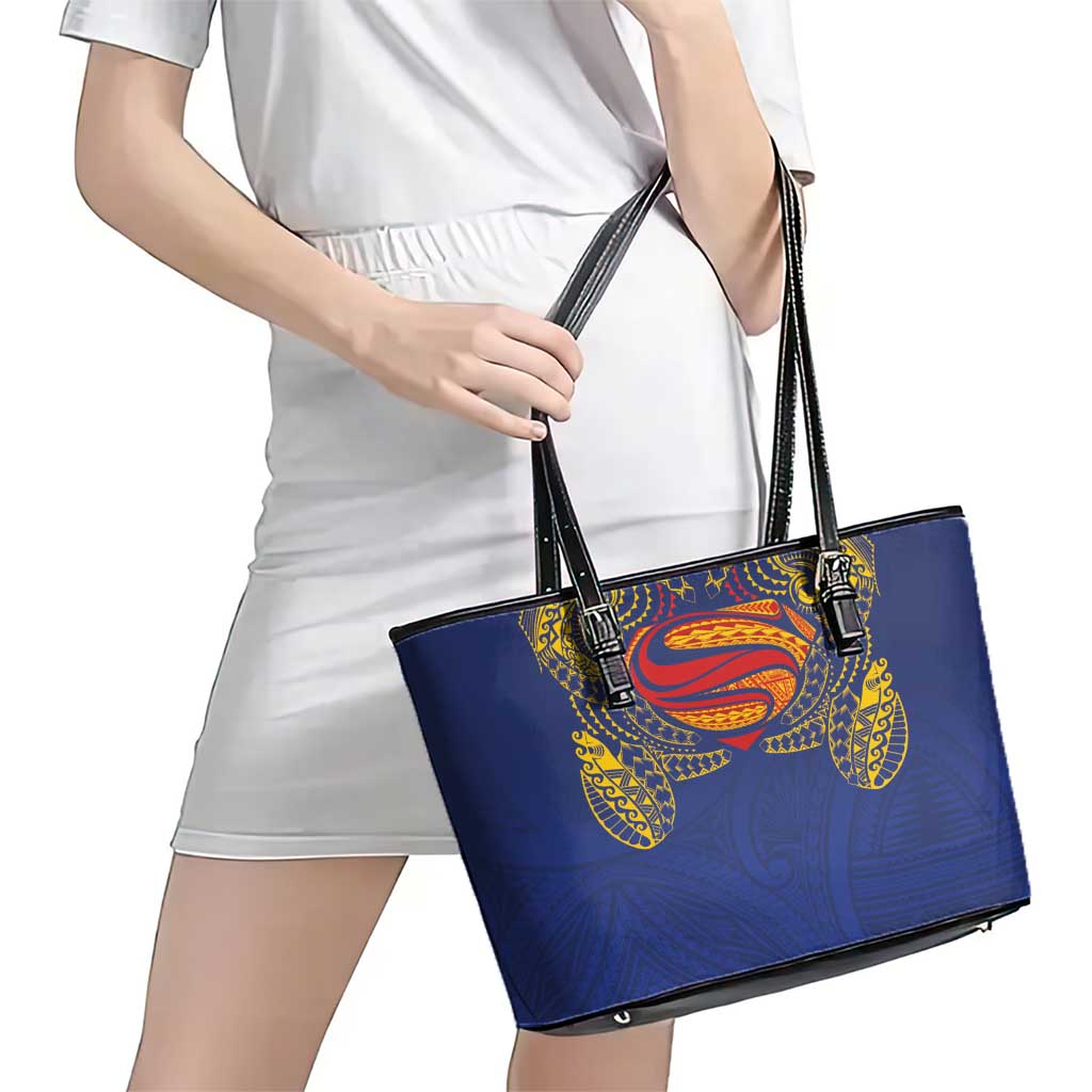 Super Samoan Traditional Tribal Art Tattoos Leather Tote Bag Blue Color - Polynesian Pride