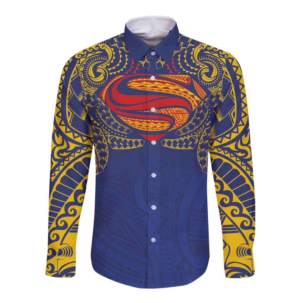 Super Samoan Traditional Tribal Art Tattoos Long Sleeve Button Shirt Blue Color - Polynesian Pride