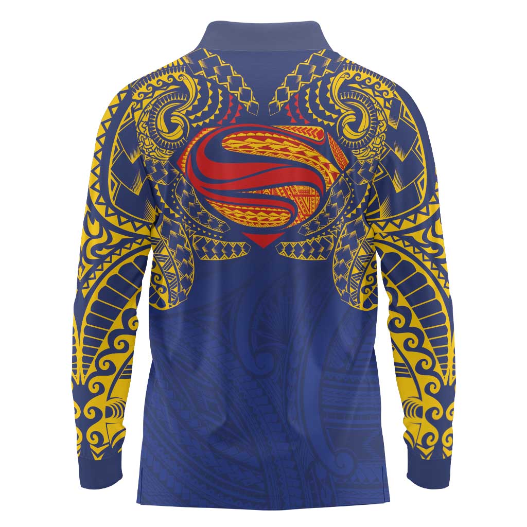 Super Samoan Traditional Tribal Art Tattoos Long Sleeve Polo Shirt Blue Color - Polynesian Pride