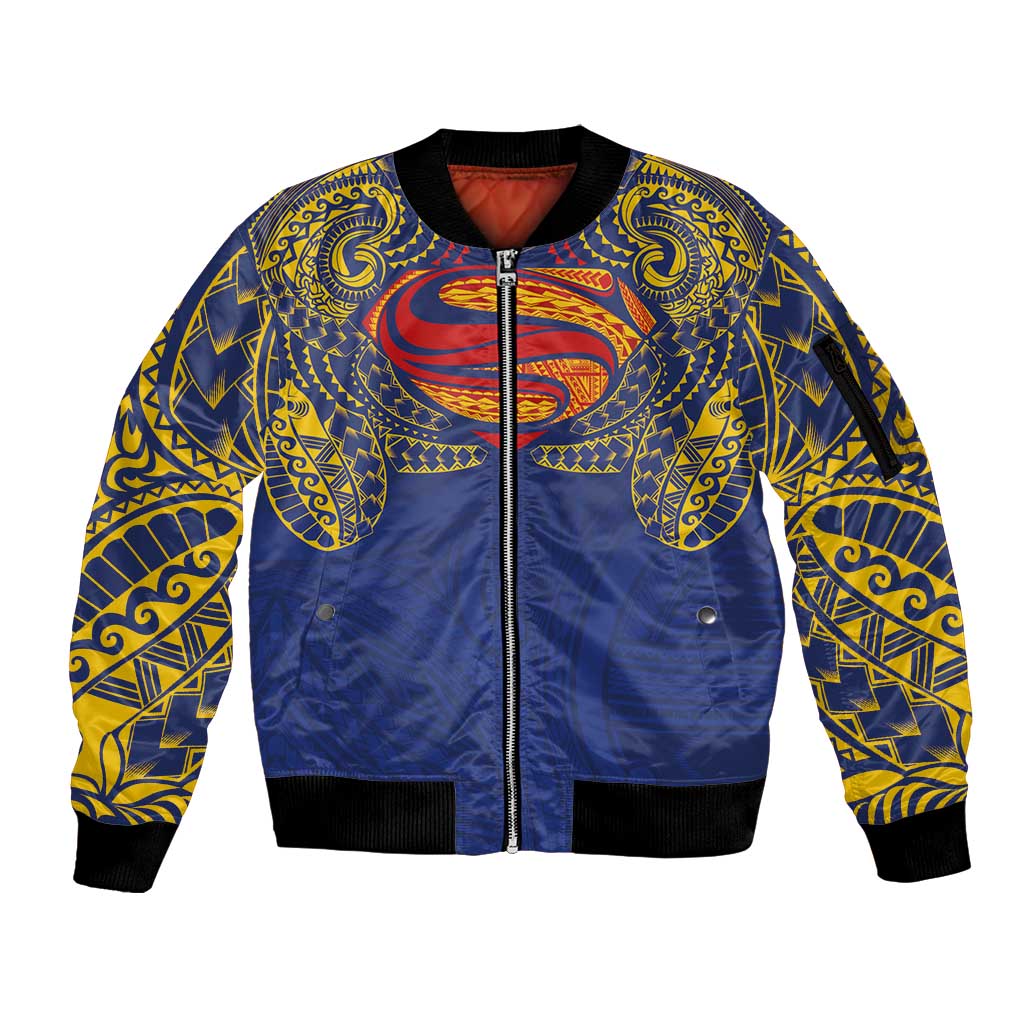 Super Samoan Traditional Tribal Art Tattoos Sleeve Zip Bomber Jacket Blue Color - Polynesian Pride