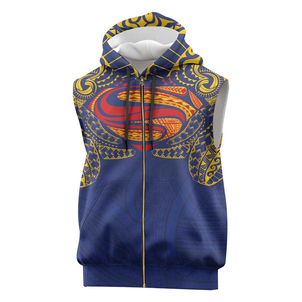Super Samoan Traditional Tribal Art Tattoos Sleeveless Zip Hoodie Blue Color - Polynesian Pride