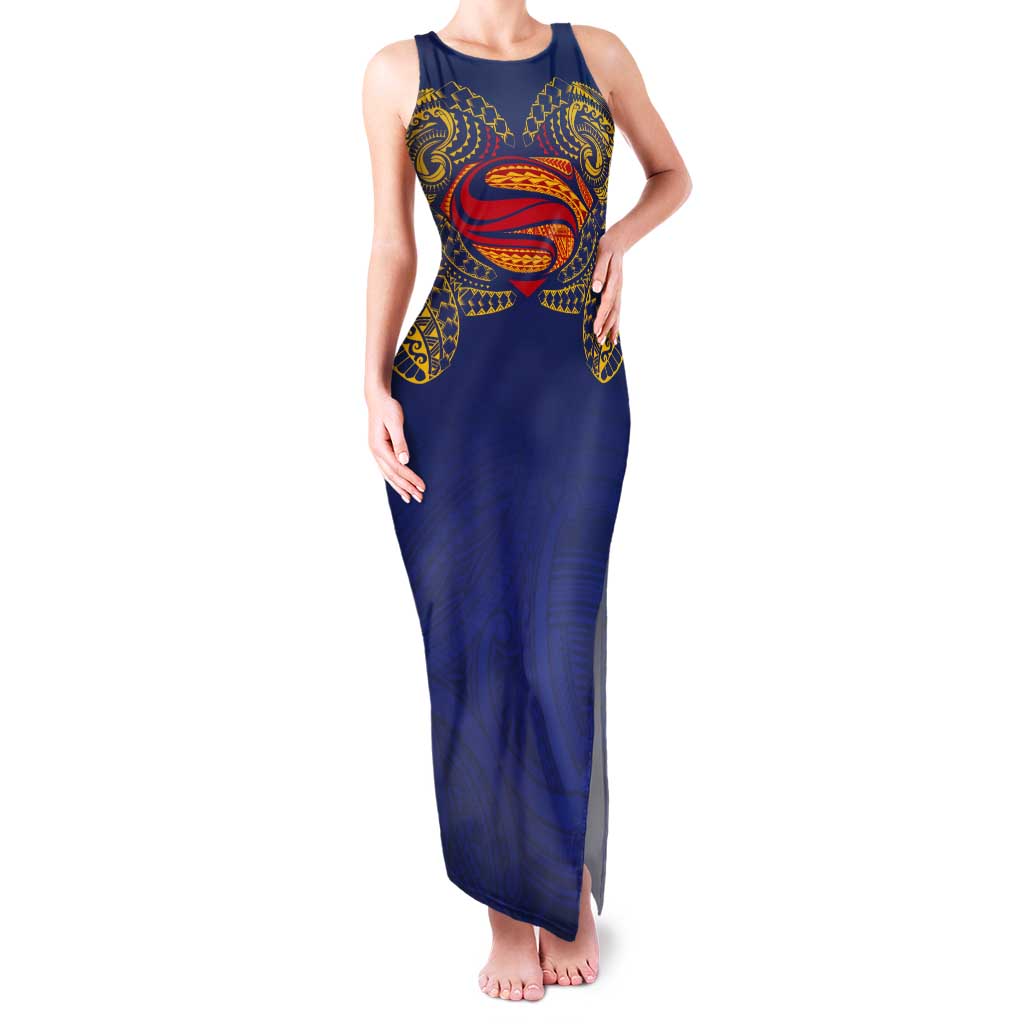 Super Samoan Traditional Tribal Art Tattoos Tank Maxi Dress Blue Color - Polynesian Pride