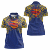 Super Samoan Traditional Tribal Art Tattoos Women Polo Shirt Blue Color - Polynesian Pride