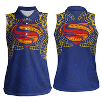 Super Samoan Traditional Tribal Art Tattoos Women Sleeveless Polo Shirt Blue Color - Polynesian Pride