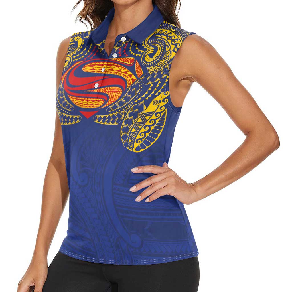 Super Samoan Traditional Tribal Art Tattoos Women Sleeveless Polo Shirt Blue Color - Polynesian Pride