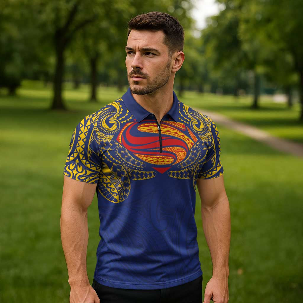 Super Samoan Traditional Tribal Art Tattoos Zipper Polo Shirt Blue Color - Polynesian Pride
