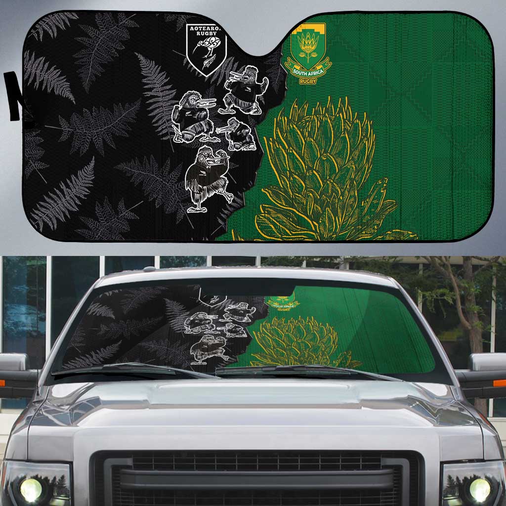Aotearoa South Africa Rugby Freedom Cup Auto Sun Shade Kiwi Warriors Haka with King Protea Symbol - Polynesian Pride