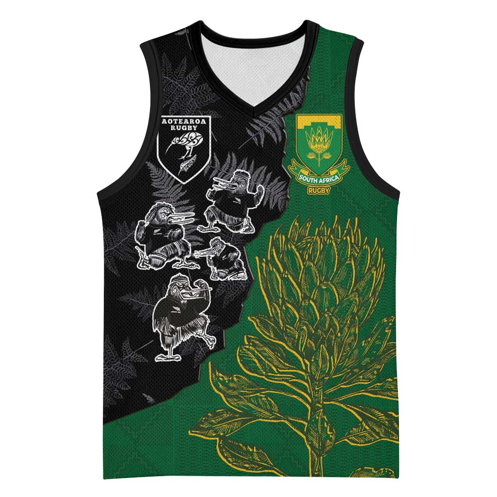 Custom Aotearoa South Africa Rugby Freedom Cup Basketball Jersey Kiwi Warriors Haka with King Protea Symbol - Polynesian Pride
